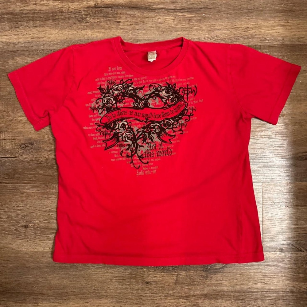 Vintage NOTW Red Y2K Christian Graphic Tee Grunge Skater Heart Rose L